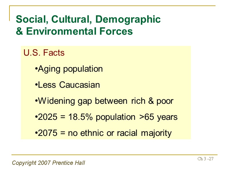 Copyright 2007 Prentice Hall Ch 3 -27 Social, Cultural, Demographic & Environmental Forces U.S.